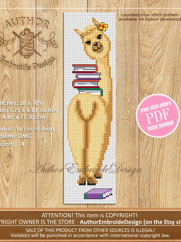 Llama bookmark cross stitch pattern PDF download Llama cross stitch chart, Funny animal bookmark pattern digital PDF, Book accessories #B334