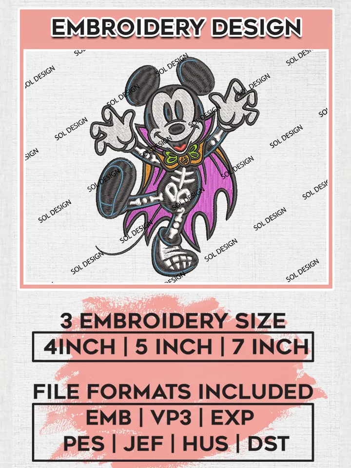 Halloween Mickey Mouse Skeleton Costume Embroidery designs, Disney Movie Machine embroidery designs, Halloween embroidery files, Trick Or Treat Machine Embroidery Digitized Pes Files, Digital Download