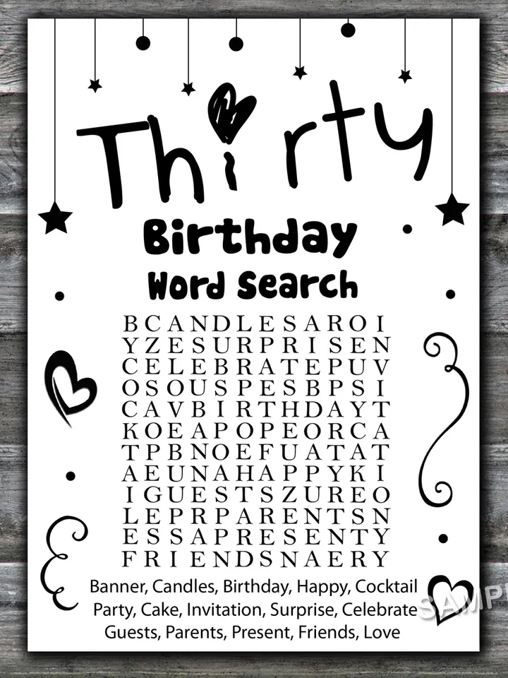 Thirty Birthday Word Search Game,Adult Birthday party game-fun games for her-Instant download
