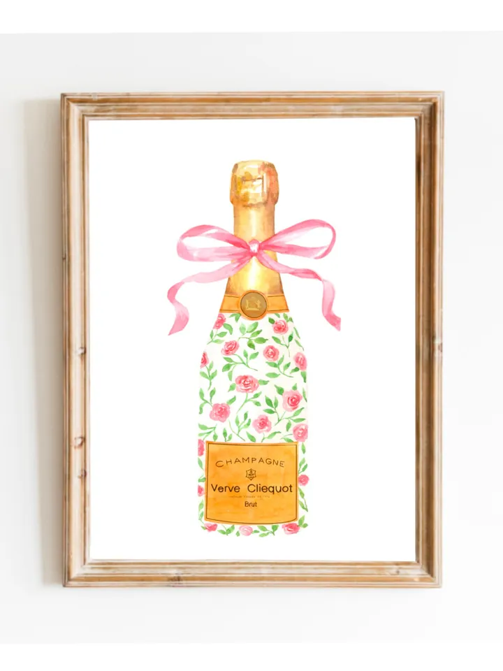 Champagne Bottle Chinoiserie Style Wall Art Print,Pink Watercolor Bar Cart Print, Cocktail Decor,Wine Wall Art,Preppy Bar Cart, Gift For Her