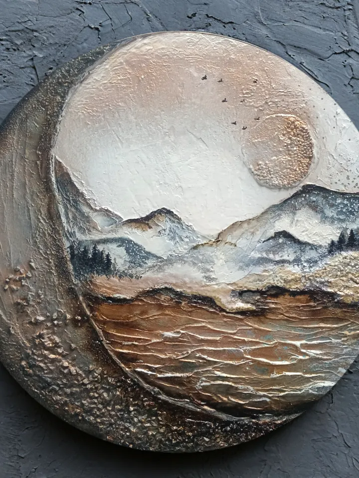 Painting, Wall decor, round painting, abstract landscape, sea mountains