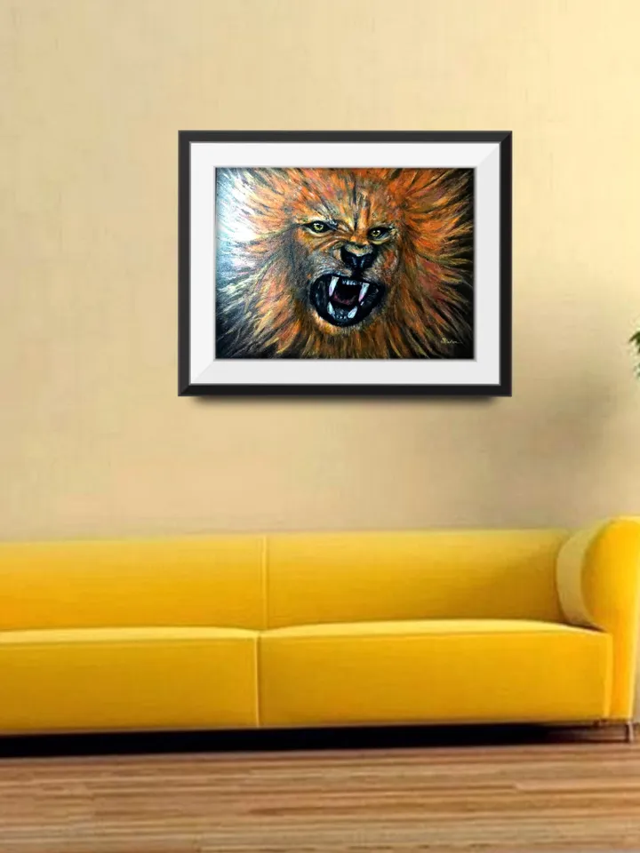 Lion painting ,roaring lion ,glow in the dark acrylic painting,canvas board,wall hanging,gift for him