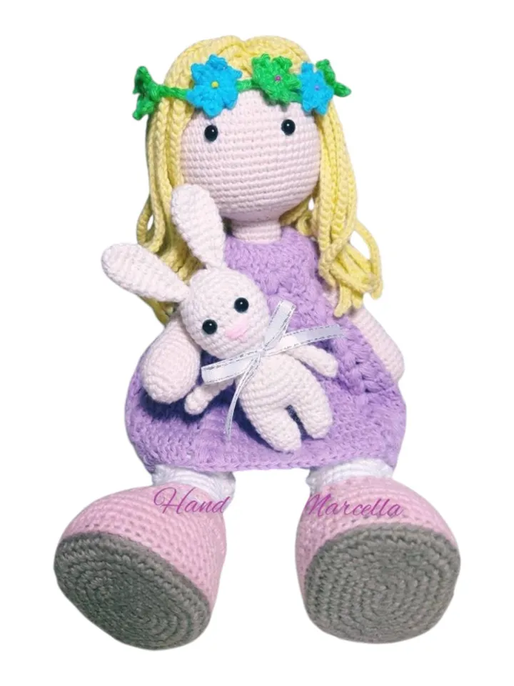 Princess Charlotte Crochet Doll โ 33 cm Handmade Amigurumi โ Articulated Cotton Doll with Flower Crown & Bunny โ Gift for Girls
