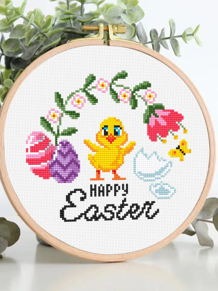 Happy Easter cross stitch pattern PDF Small easter chick cross stitch chart, Easter pattern digital PDF, Easter eggs, Spring flowers #T37