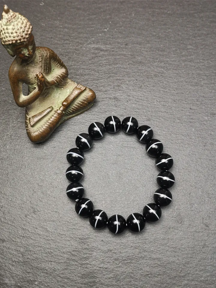 Gandhanra Vintage Tibetan Wrist Mala,Authentic Black Agate Medicine Buddha Bhaisajyaguru Prayer Beads Bracelet for Meditation,0.4&quot; - 0.63&quot;