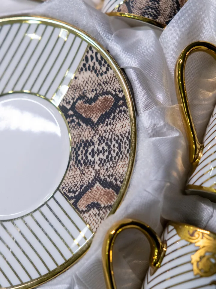 White and Gold Tea Cups and Saucers Set | Elegant White Porcelain Tea Cup Set with Golden Detailing | Elite Design Perfect Gift Idea