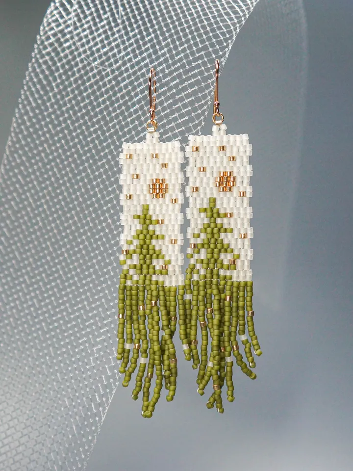 Trees-Patterned Japanese Bead and sterling Silver Earrings: A Fusion of Elegance and Nature