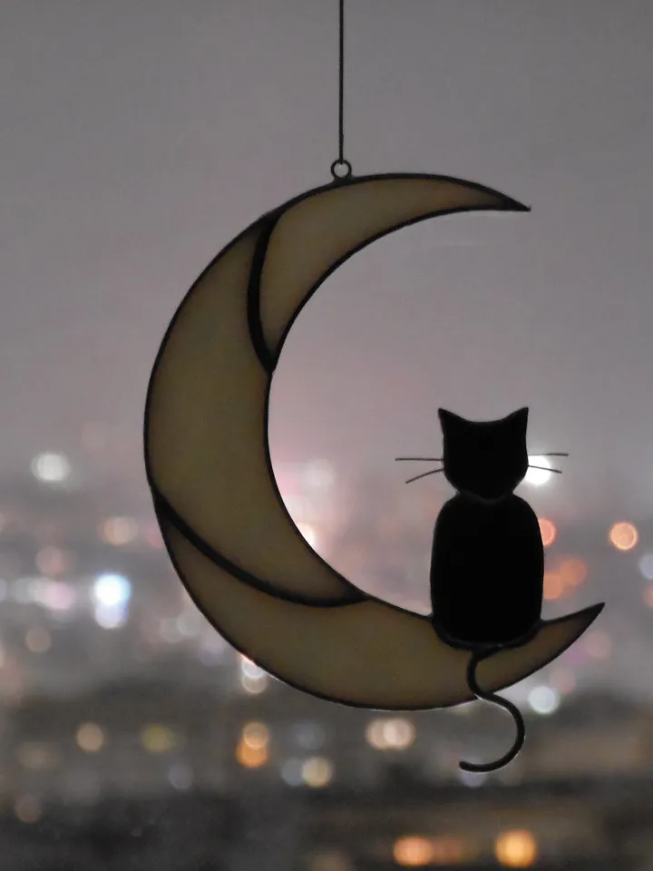 Black Cat On The Moon . Art stained glass window hanging Suncatcher . Gift for animal lover , pet loss memorial . White and black
