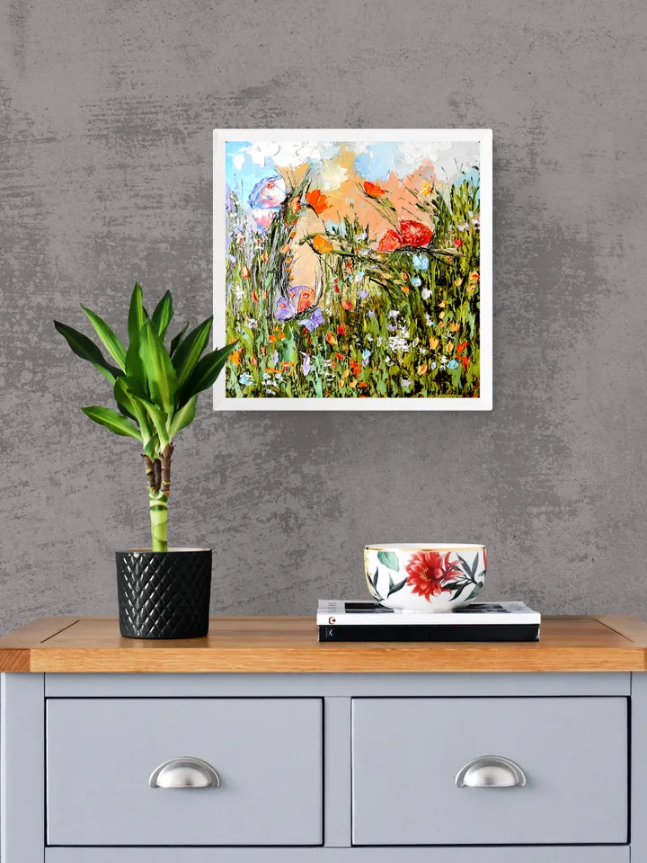 Flowers Original oil painting | Butterflies with wildflowers