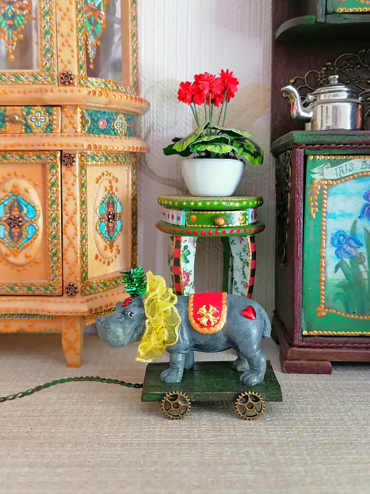 Hippo on a cart. Vintage toy. Circus toy.1:12 scale.