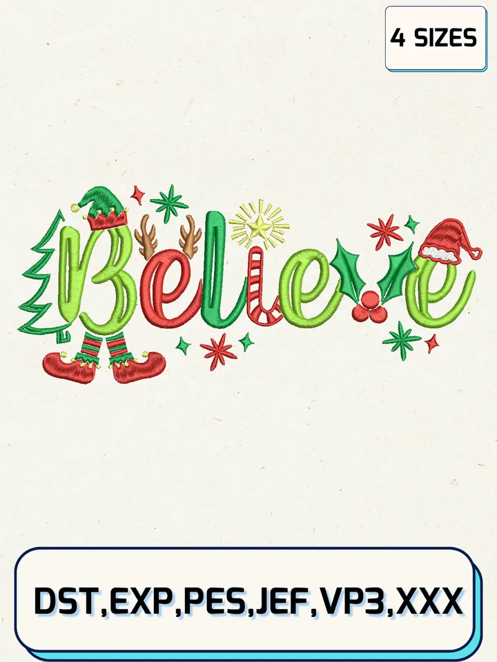 Believe Embroidery Design,Christmas Embroidery Designs,Machine Embroidery Files,4 Sizes