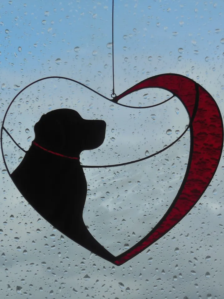 Dog Black Retriever Labrador in Red Heart . Art Stained glass window hanging Suncatcher. Gift for animal lover, pet loss memorial.