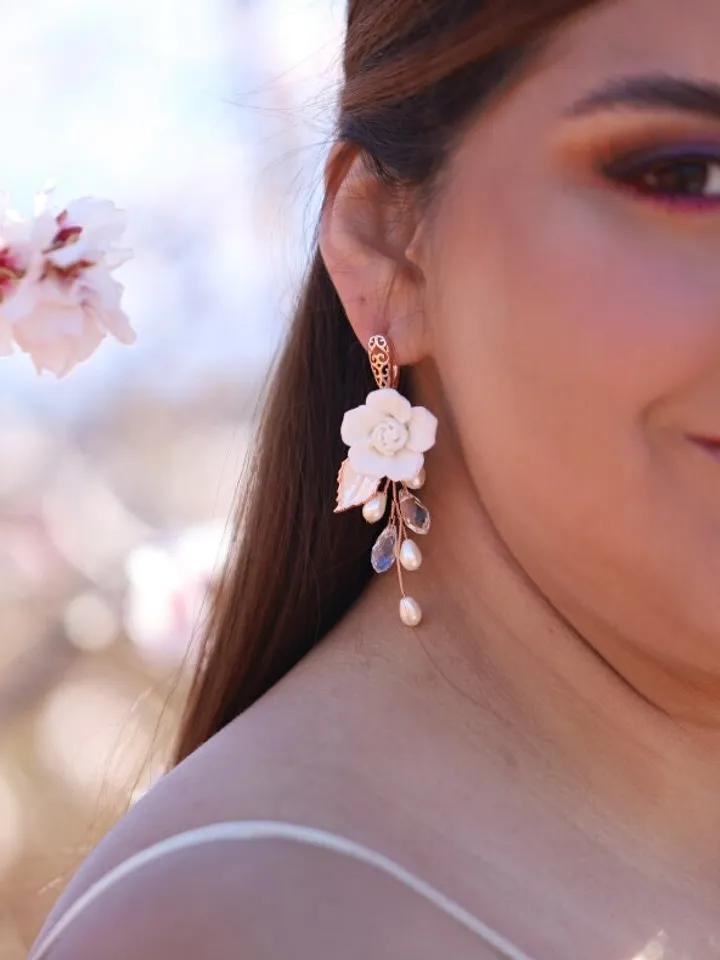 Delicate Flower Boho Wedding Earrings, Rose Gold Chandelier Statement Wedding Earrings, Floral Bridal Earrings, Swarovski Crystal Jewelry
