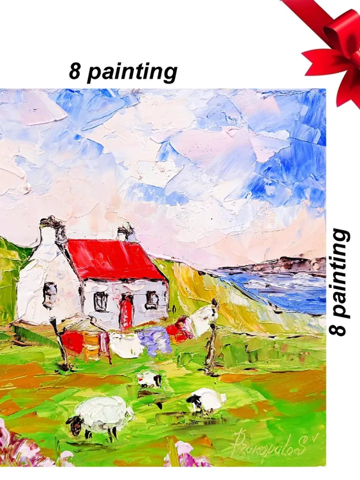 Ireland Painting Sheep Original Art Irish Landscape Oil Painting Farm Small Artwork Gift 8x8 in by ArtProkopaloSv
