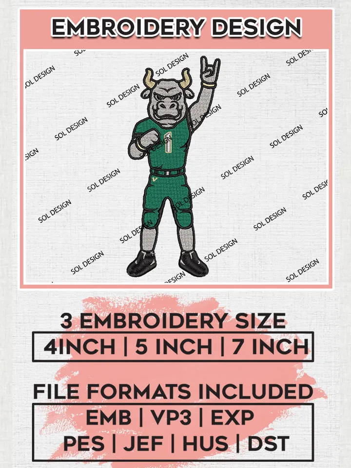 NCAA South Florida Bulls Football Team Mascot Logo Embroidery Design Files, NCAA South Florida Bulls Machine Embroidery, NCAA Teams, 3 sizes, NCAA Machine embroidery designs, Digital Download