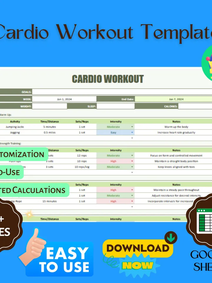 Cardio Workout Template, Editable Google Sheets, Digital Download for Fitness Progress & Endurance Tracking