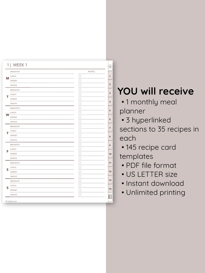 Digital Meal planner. Food diary. Weekly meal journal. Grocery list. Printable meal plan. Hyperlinked Recipe Planner