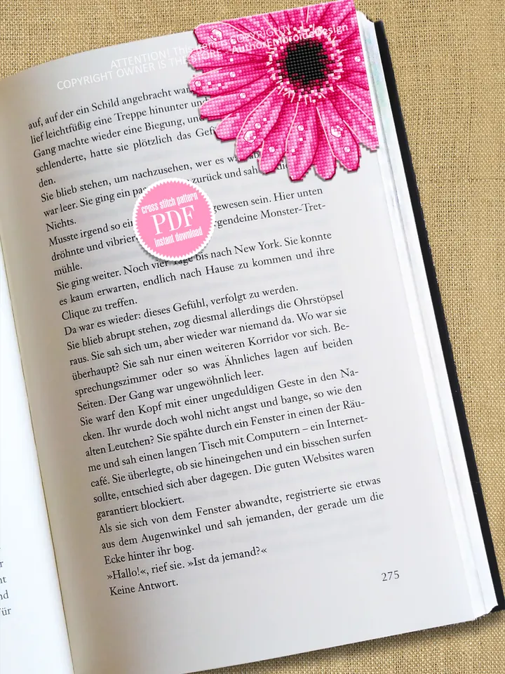 Gerbera Corner bookmark cross stitch pattern PDF download Pink flower cross stitch chart, Flower bookmark for women Floral pattern PDF #B257