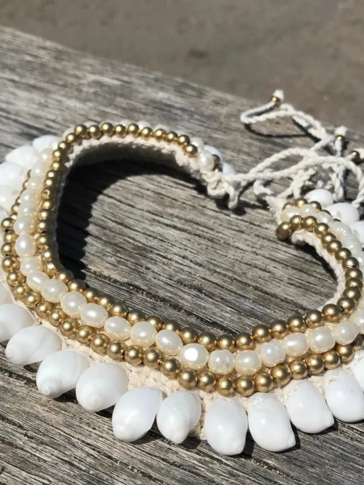 Big Shell Tie Handmade Macrame Chocker | Boho Chic Bohemian Jewelery | Coachella Pearl Necklace | Hippie Gypsy Style Accesoiries