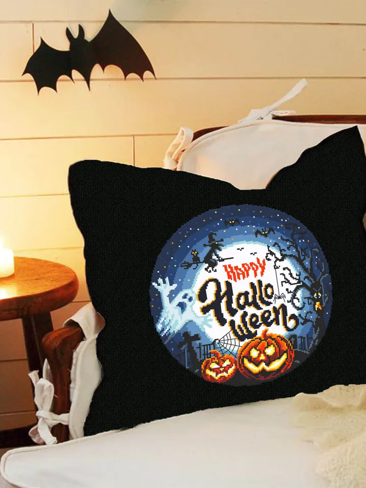 Happy Halloween cross stitch pattern download PDF Halloween moon cross stitch Spooky cross stitch chart Halloween night Magic embroidery #H8