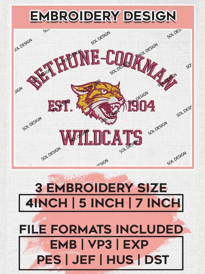 Bethune Cookman Wildcats Est 1904 Logo Embroidery Designs, NCAA Bethune Cookman Wildcats Team Embroidery, NCAA Team Logo, 3 sizes, Machine embroidery Files, Digital Download