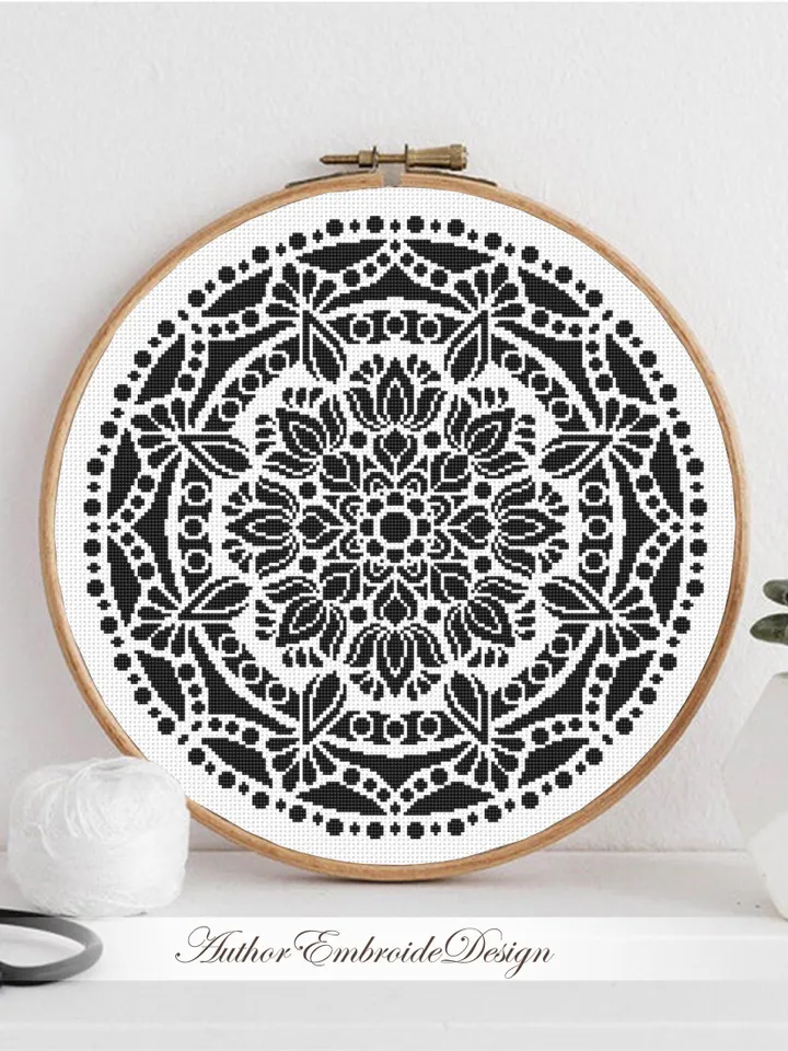 Black mandala cross stitch pattern PDF instant download Mandala ornament cross stitch chart, Monochrome mandala pattern digital PDF #M281