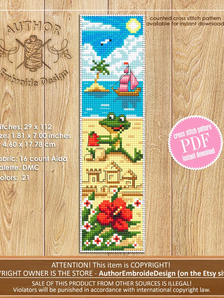 Summer bookmark cross stitch pattern PDF download Funny frog cross stitch chart, Beach bookmark pattern digital PDF, Sand castle #B450