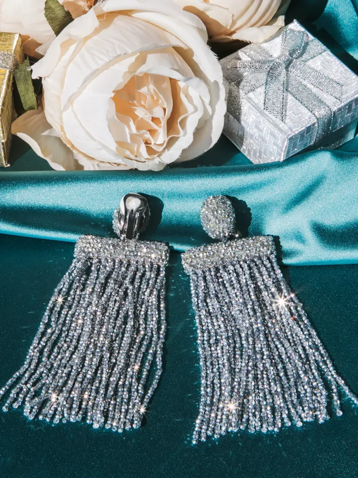 Long Waterfall Beaded Earrings clip-on