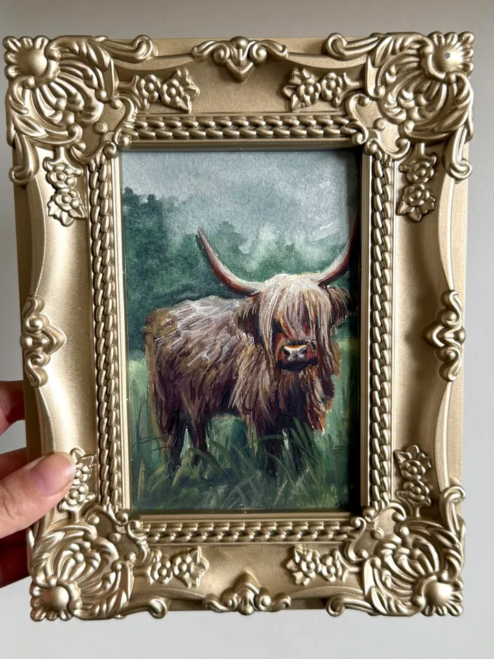 Framed Cow Gouache Painting Original Young Calf Art Framed Animals Decor Dark Cottagecore Art
