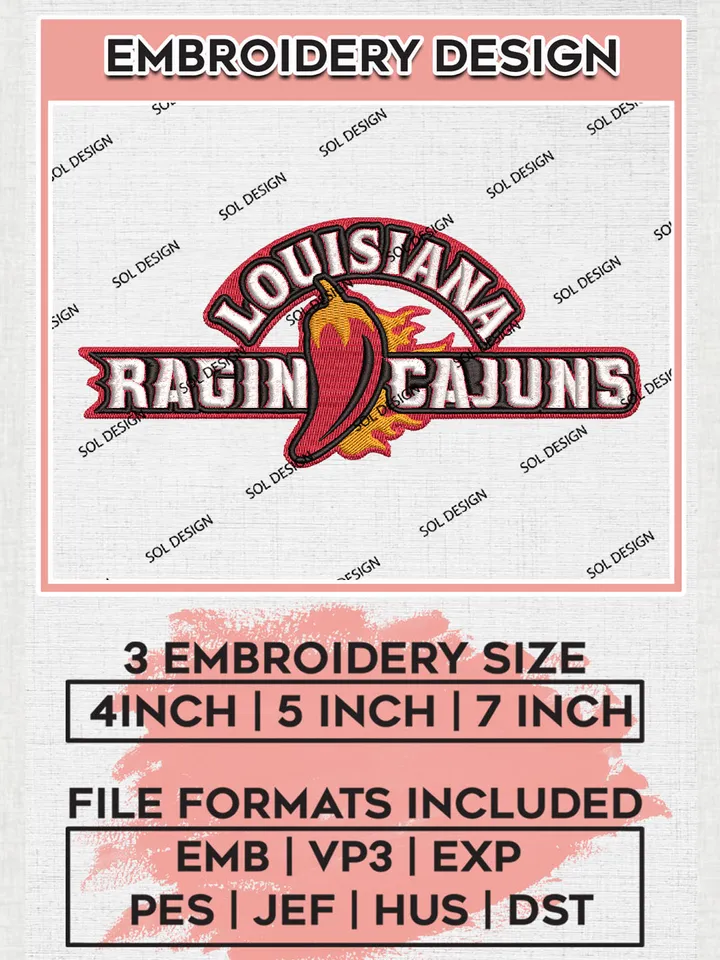 Louisiana Ragin Cajuns Team Logo Embroidery Design Files, NCAA Louisiana Ragin Cajuns Machine Embroidery, NCAA Teams, 3 sizes, NCAA Machine embroidery designs, Digital Download
