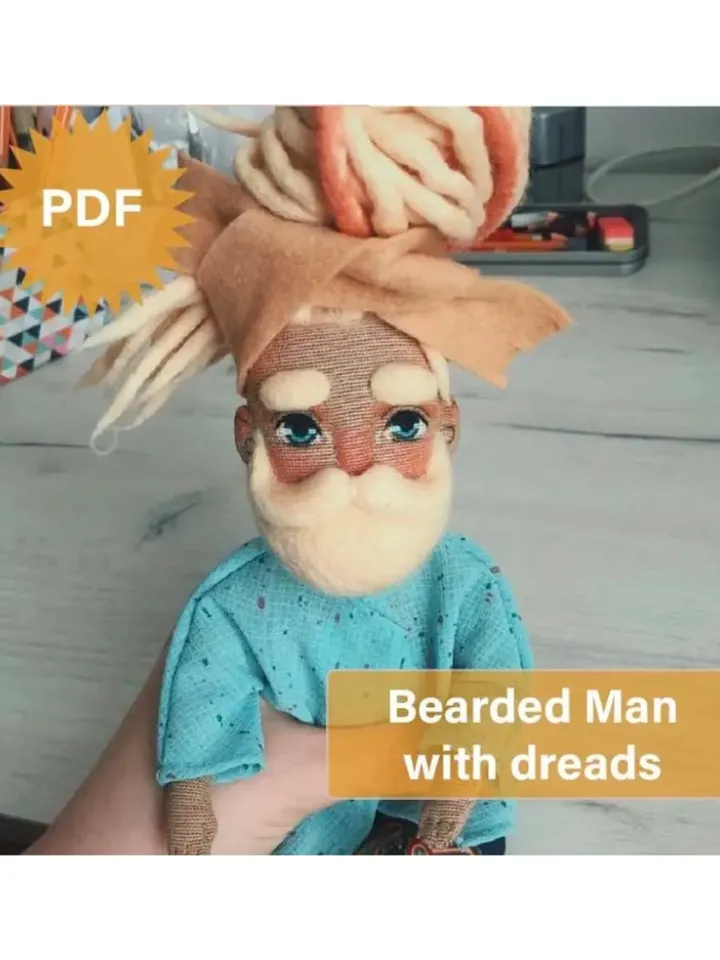 DIY textile doll “Bearded man with dreadlocks" PDF Eng