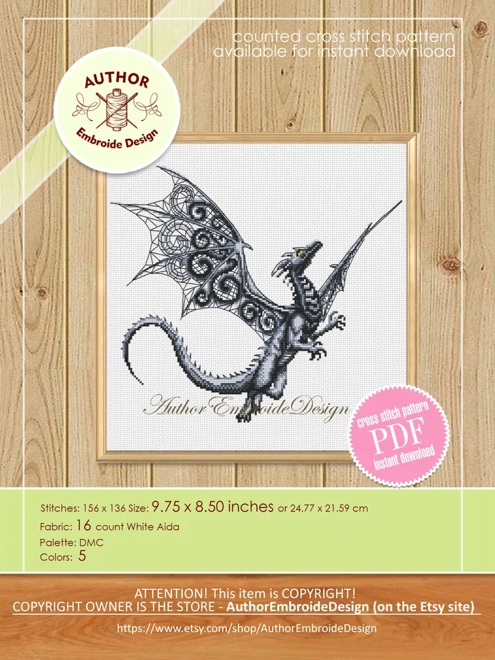 Dragon set cross stitch pattern download PDF Fantasy animal cross stitch chart, Dragon embroidery PDF, Blackwork patterns, Dragon art #K38