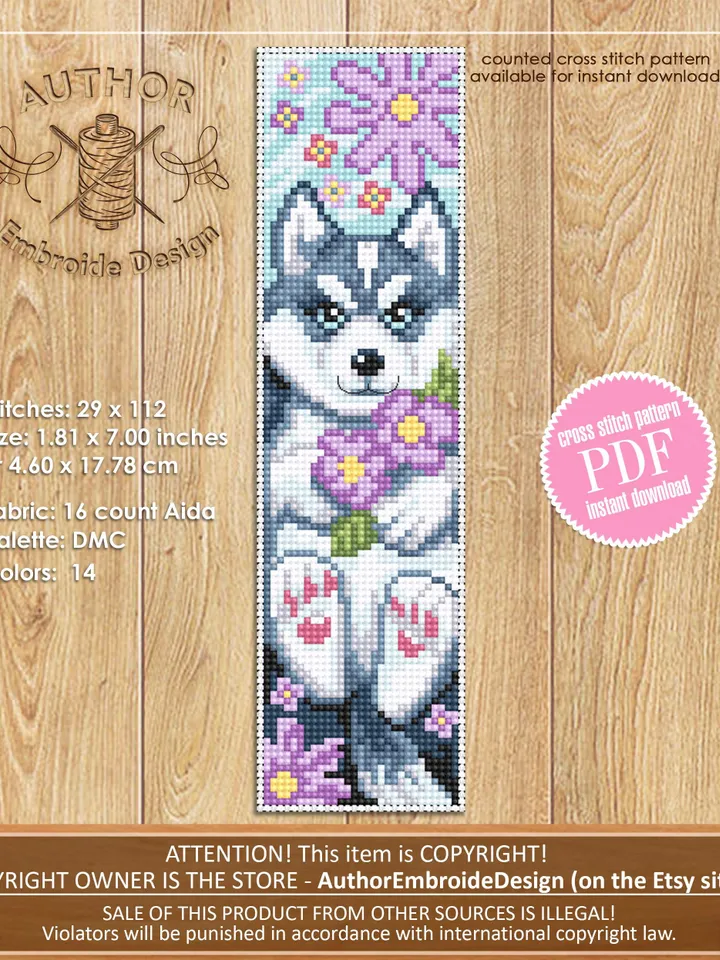 Dog bookmark cross stitch pattern PDF download Husky dog cross stitch chart, Pet bookmark pattern digital PDF, Dog lover bookmark #B466