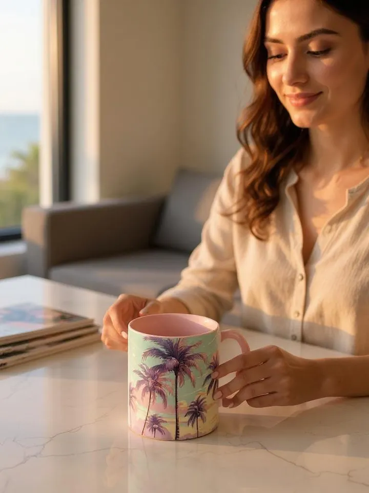 Retro Palm Tree Sunset Mug with 70s Aesthetic Coastal Vibes, Summer Pastel Boho Coffee Cup, Beach Lover Gift Idea, Home Decor, Gift For Her