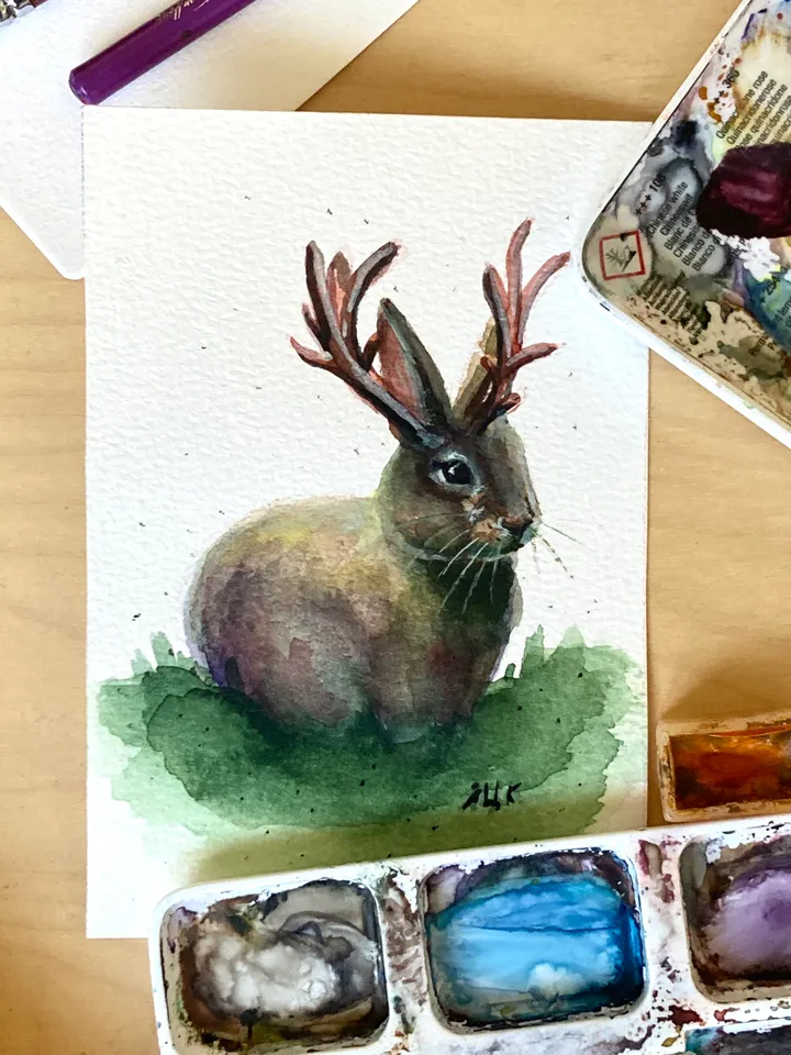 Jackalope Painting Original Watercolor Painting Gift Small Whimsical Rabbit Art Cryptid Illustration 4x6