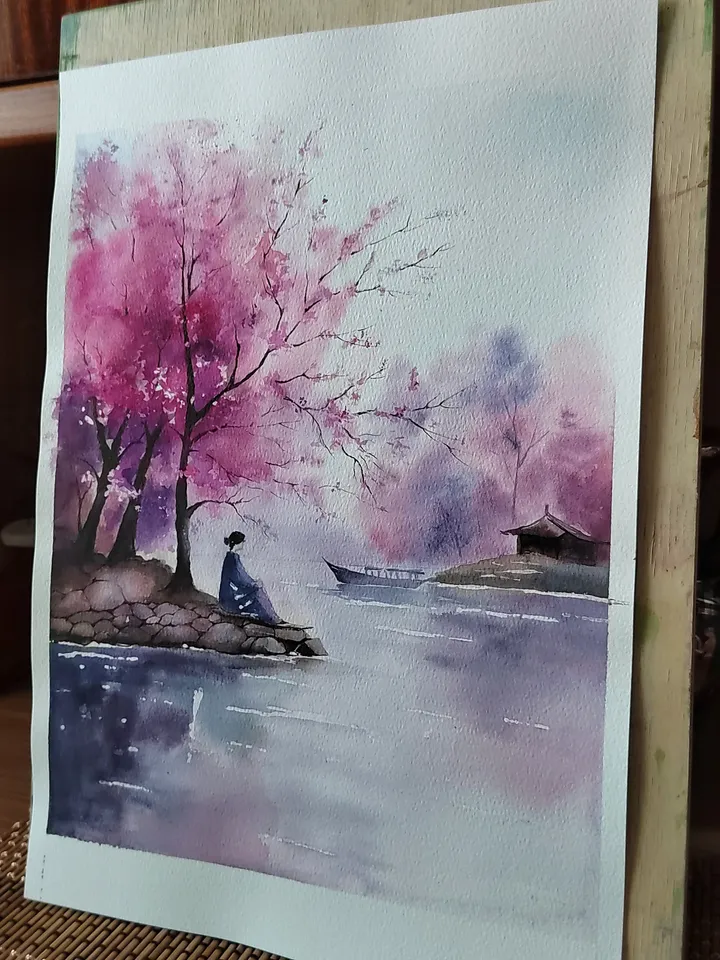 Original Watercolor Painting Japan Landscape Art Sakura blossoms Artwork 27x39 cm by SoftWaves
