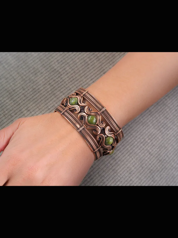 Copper wire wrapped jade bracelet 7th Anniversary gift