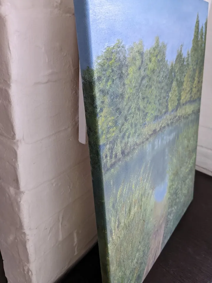 Summer landscape with a river and a wooden bridge, tall grass and trees, original painting 16x12 inches