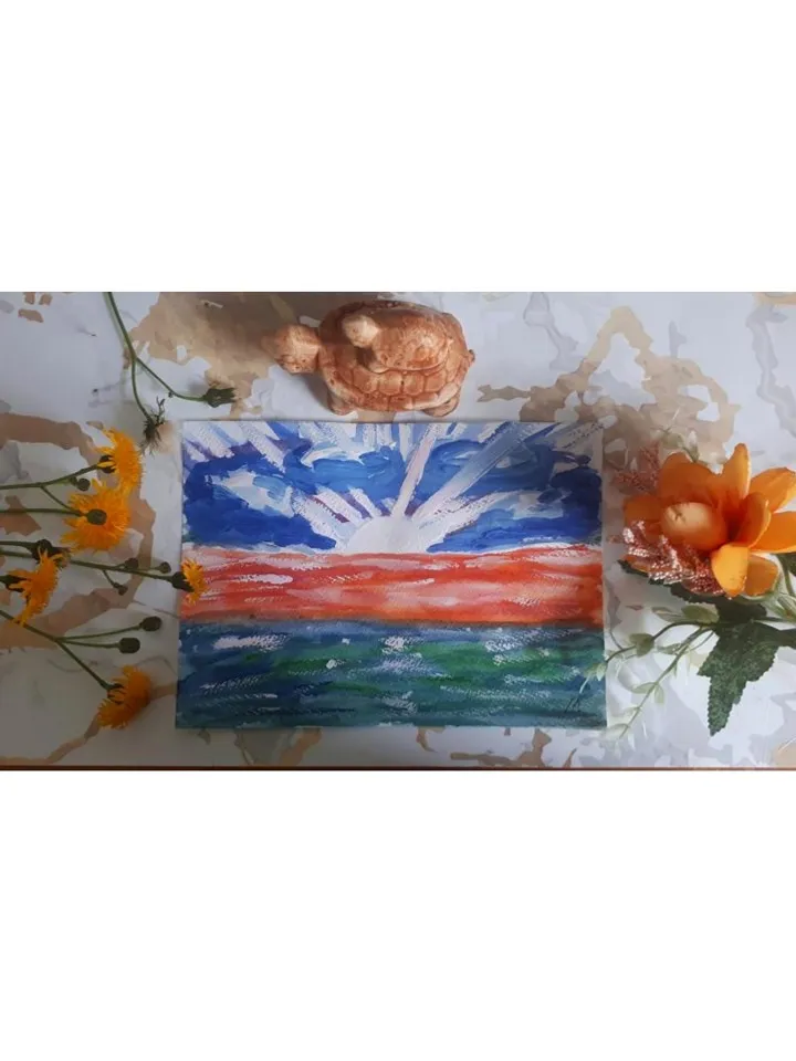 Beautiful Sinrise Seascape Painting Gouache Art on Paper