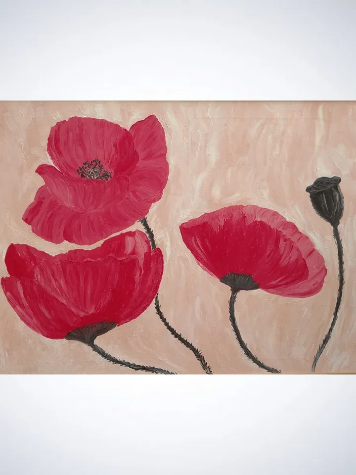 Oil Painting Flowers Red Poppies Original Art Handmade Canvas 28x20 Inch