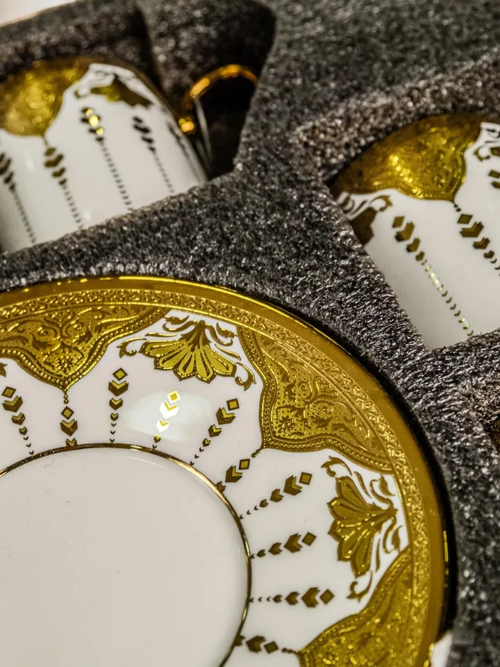 14K Genuine Gold Powder Porcelain Tea Cups And Saucers | Tea Cups Saucers Set | Gold Porcelain Set | Elegant Teaware | Gift For Tea Lovers