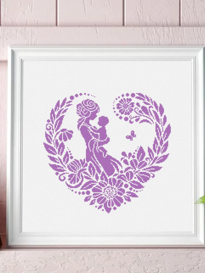 Silhouette mother baby cross stitch pattern PDF download Floral heart cross stitch chart, Monochrome pattern digital, Mothers day gift #O20