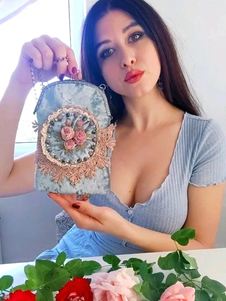 Charming velvet clasp handbag on a chain with French embroidery of roses, guipure and pebbles Boho Style Feminine Flower Accessory Rose Embroidery Luxury Handmade Jewelry