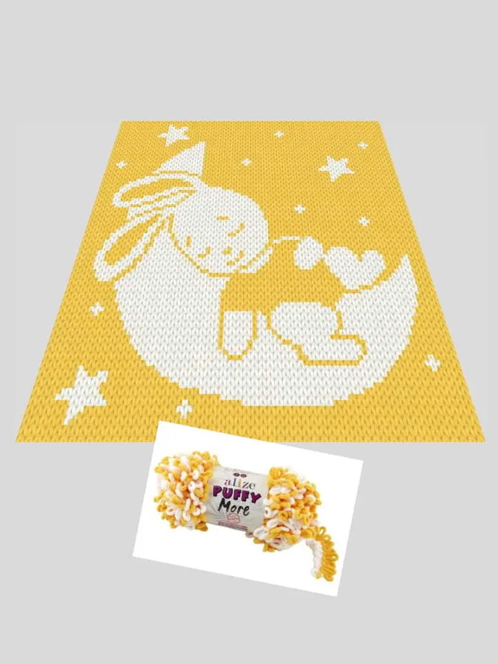 Loop yarn Finger knitted Sleeping Bunny on the Moon blanket pattern