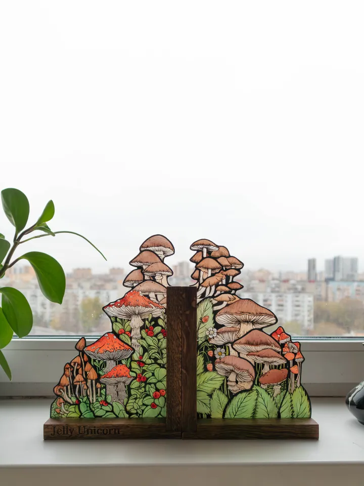 MADE TO ORDER, Stained glass bookends with mushrooms, Home decor with fungi