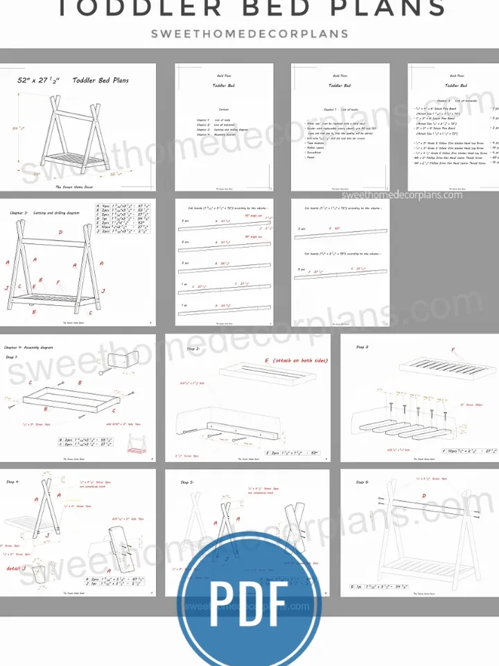 Diy teepee bed plans pdf. Toddler bed plans. Wooden montessori teepee bed for kids bedroom. Crib size kids floor frame bed plans.