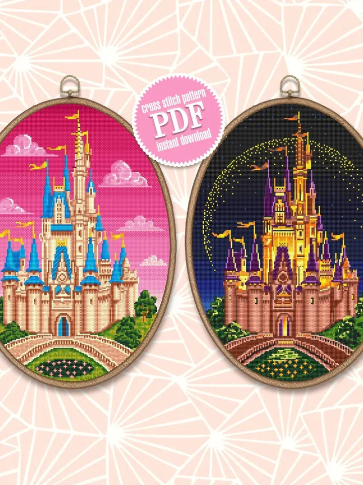 Cinderella castle set cross stitch pattern download PDF Magic Kingdom cross stitch Day and night pattern, Castle princess embroidery PDF #C6