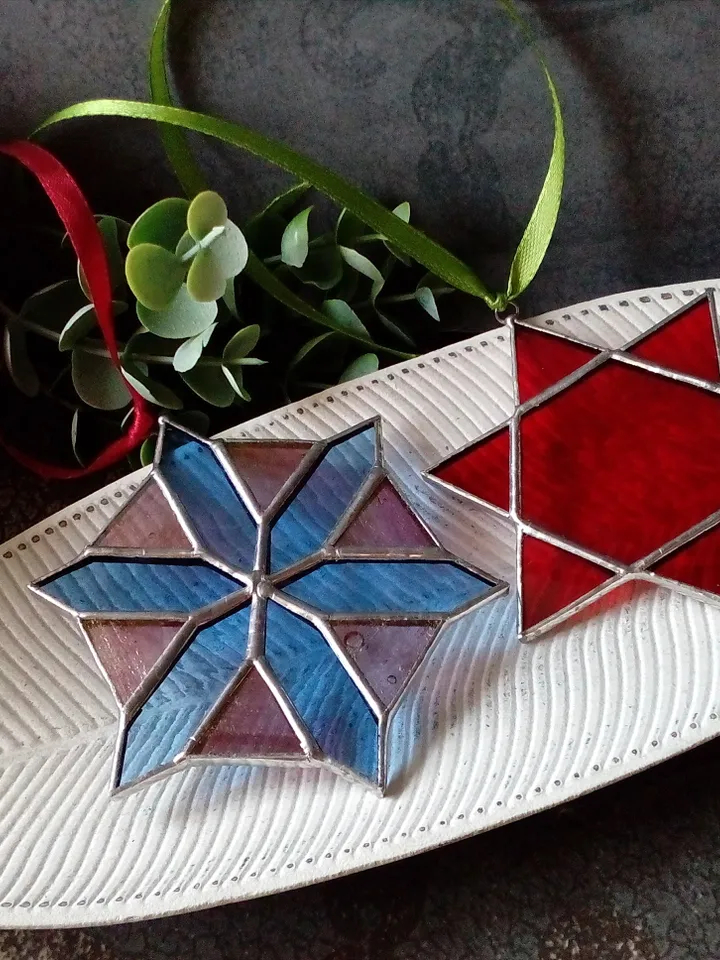 Set of 2 snowflake suncatchers, christmas ornaments, simple stained glass, Christmas decorations, Xmas tree star