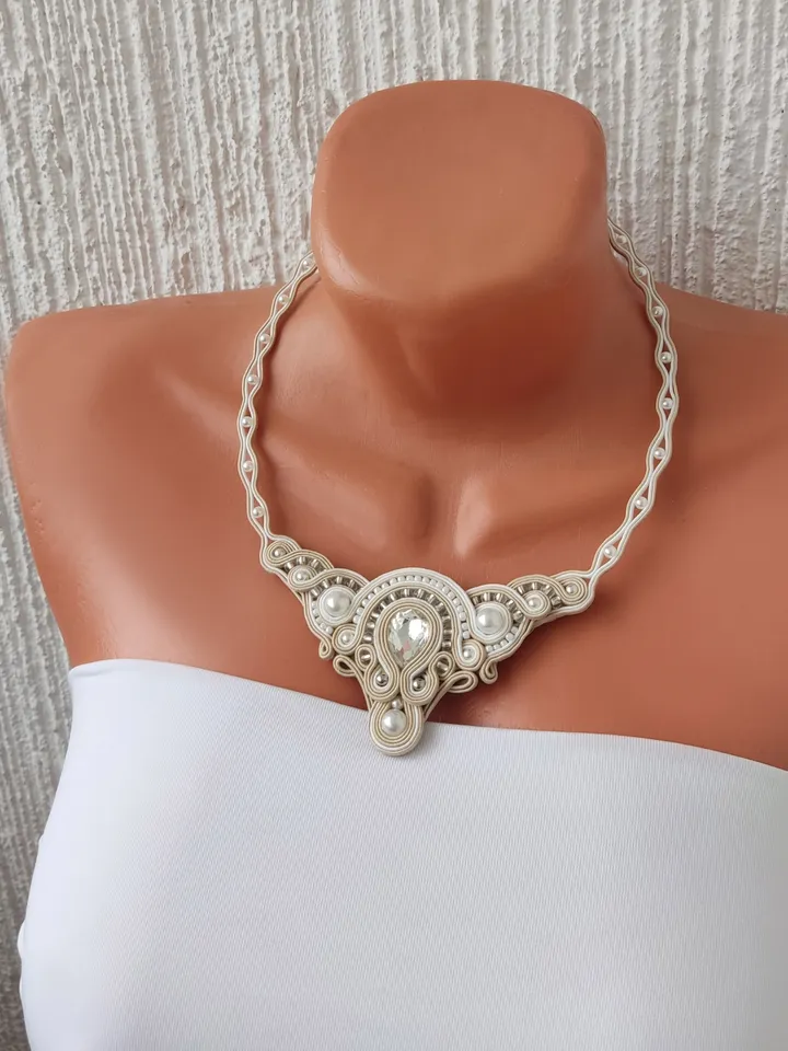 Wedding jewelry set, White beige necklace and earrings, Soutache embroidery, Rhinestone beaded necklace