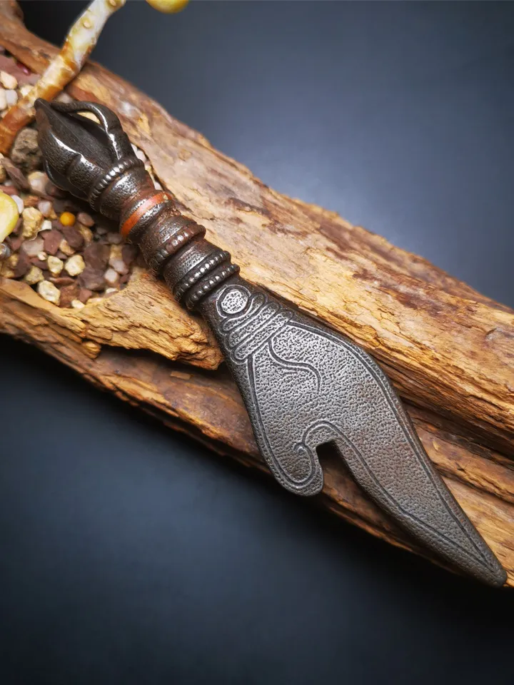 Gandhanra Tibetan Amulet Kila Dagger (Dorje Phurba),Conch Shape,Dharma Ritual,Made of Cold Iron inlaid with Copper,4.7"